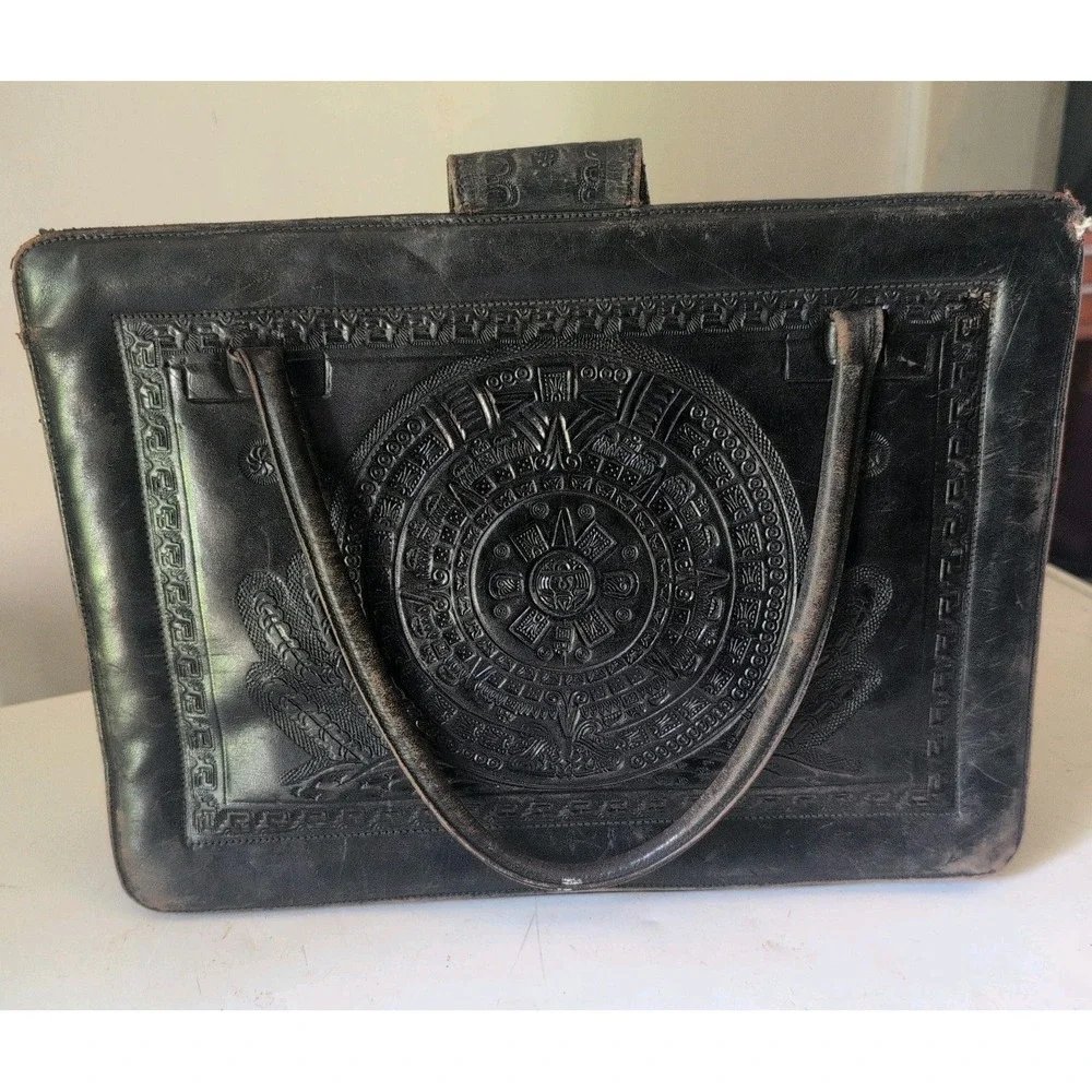 Antique Vintage Black Leather Tooled Purse Aztec Mayan Mexico Hippie Boho Repair